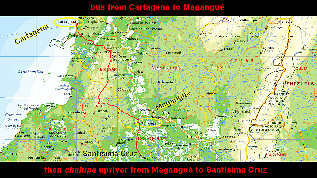map showing
            route by bus to Magangu&eacute; then by river to Santisima
            Cruz