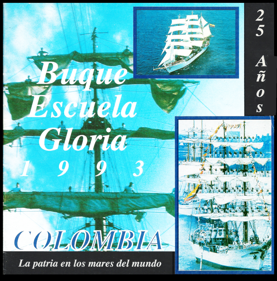 cover of brochure describing
              Efr&eacute;n's Colombian Navy training ship with photos of
              sailors aligned atop frigate's sails