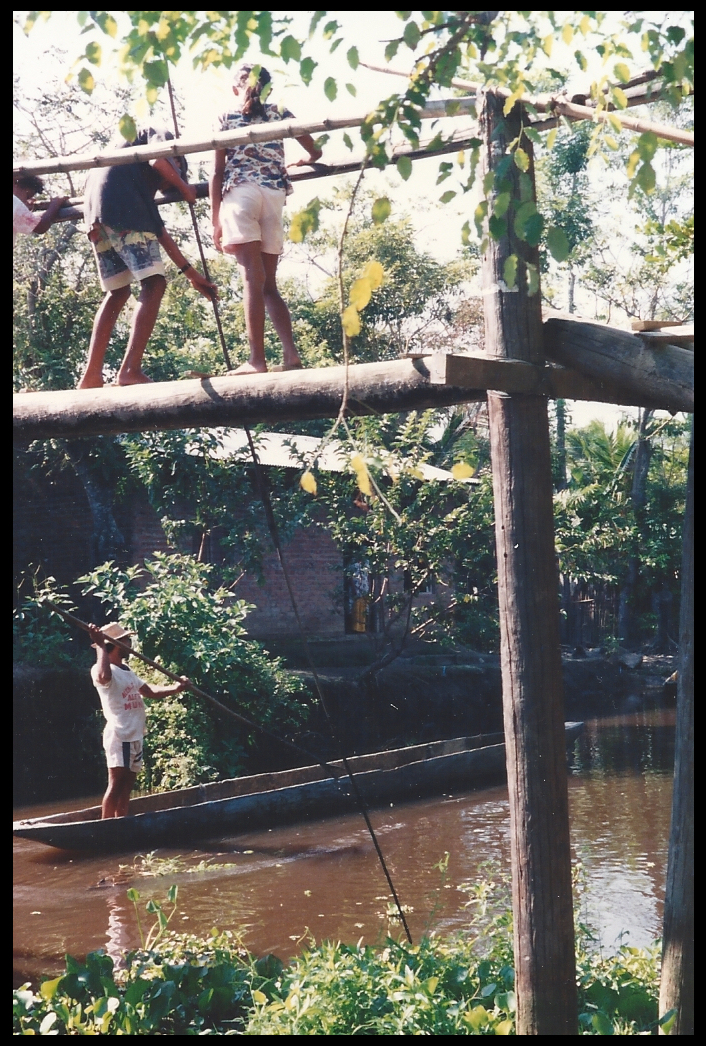 poling a dugout canoe under a
              ca&ntilde;o (canal) footbridge