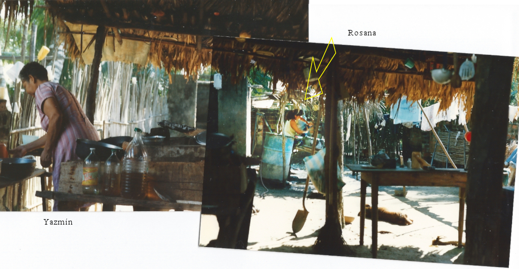 back dirt yard kitchen and
              shack-bathroom with Yazm&iacute;n cooking by tabletop
              stove and Rosana washing