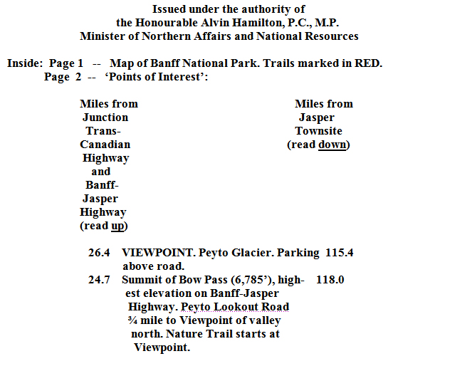 Banff-Jasper Highway map-brochure:
        'Points of Interest' including Peyto Lake Lookout 'Nature
        Trail'