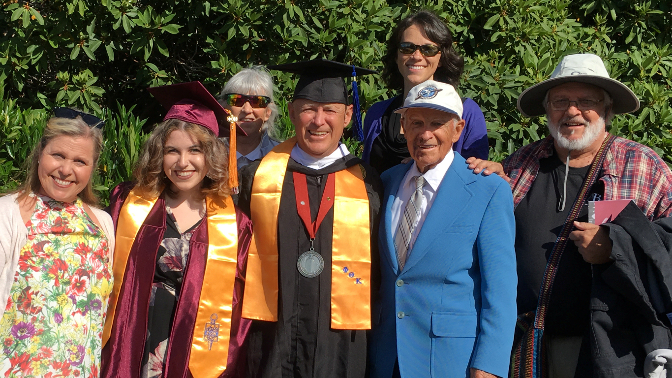Dr. Lorenzo with his young graduating
          cousin in robe, plus her parents and grandfather, her aunt and
          cousin