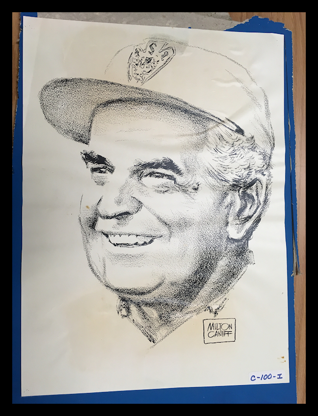 Milton Caniff black on white drawing of Fred
              Waring in a Shawnee Inn golf hat