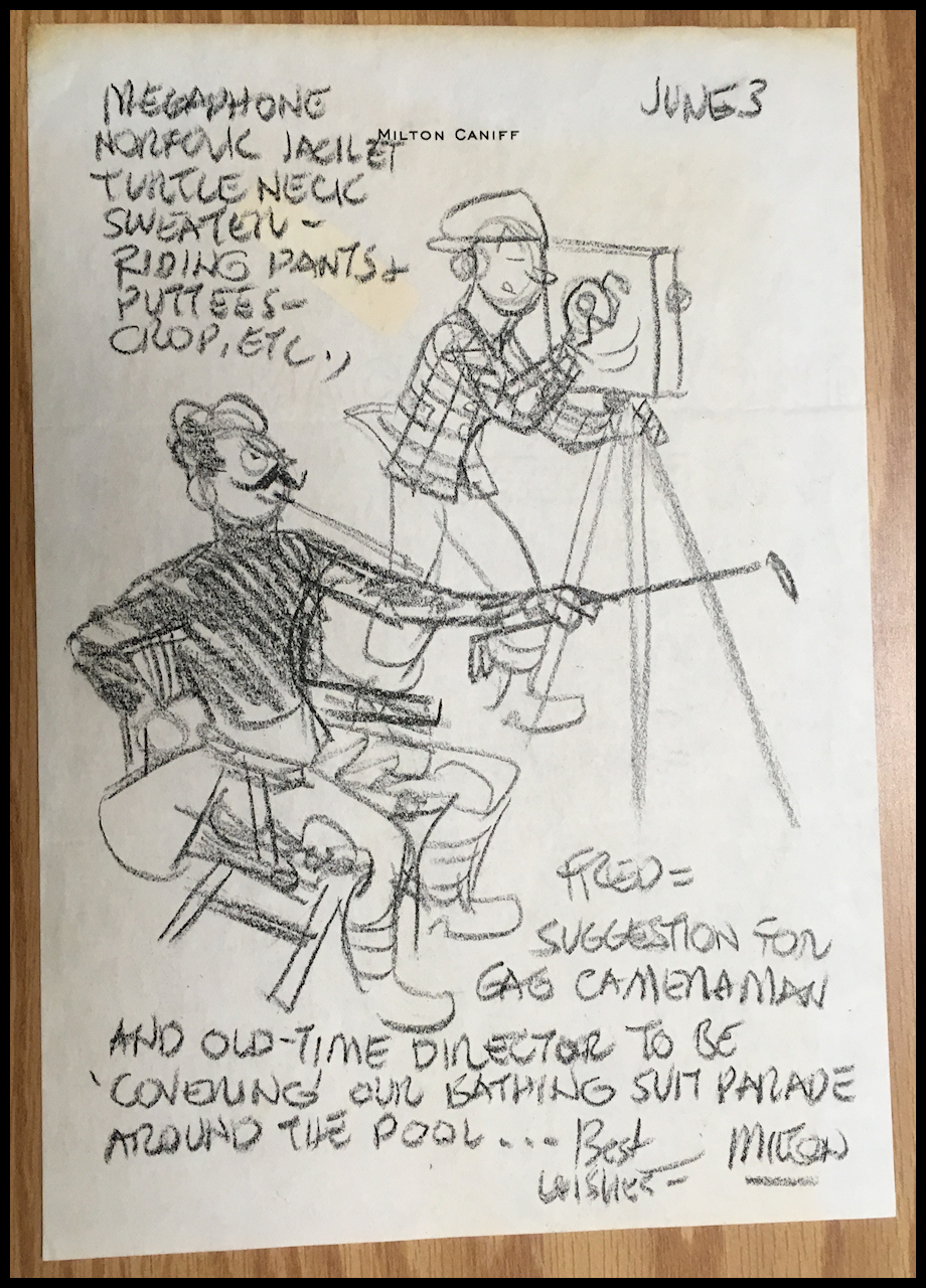 Caniff black chalk drawing on his own
              letterhead for Fred: British-looking 'director' and
              cameraman