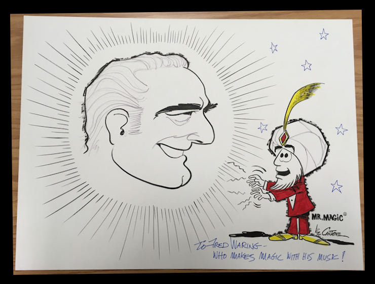 Cantone cartoon shows a
                  magician producing the face of Fred Waring