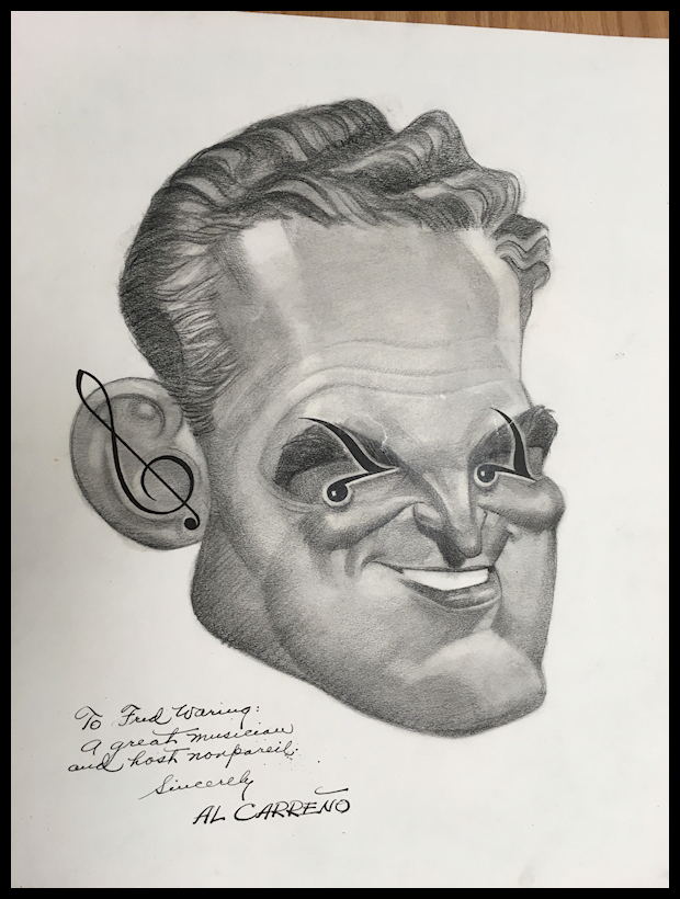 cartoon by Carre&ntilde;o of Fred Waring's face, a
              treble clef symbol in his ear, and musical notes in his
              eyes