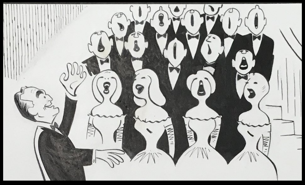 portion of a cartoon by Casson showing Fred Waring
              conducting widely open-mouthed singers