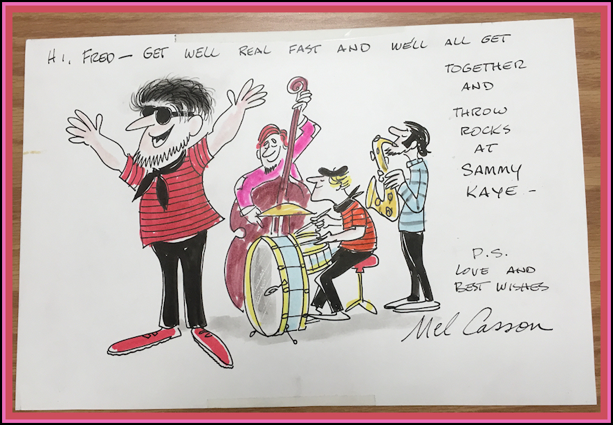 color cartoon:
              4 beatniks are a band: singer, bass violin, drums and sax