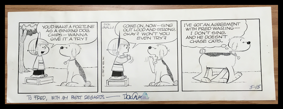 three black and white cartoon frames tell
                how the dog Chips made a deal with Fred Waring not to
                ever sing