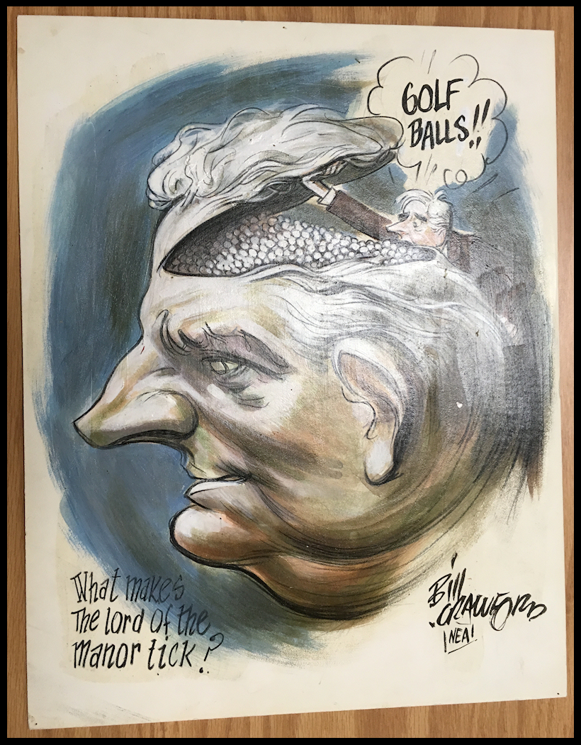 cartton by Bill Crawford showing Fred
                Waring's brain to be composed of golf balls