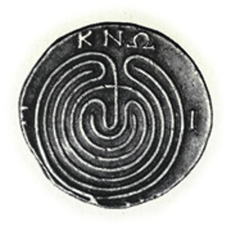 black and white photo: on an ancient
              Cretan coin a labyrinth with only one way in and out and
              the Greek letters ΚΝΩ
