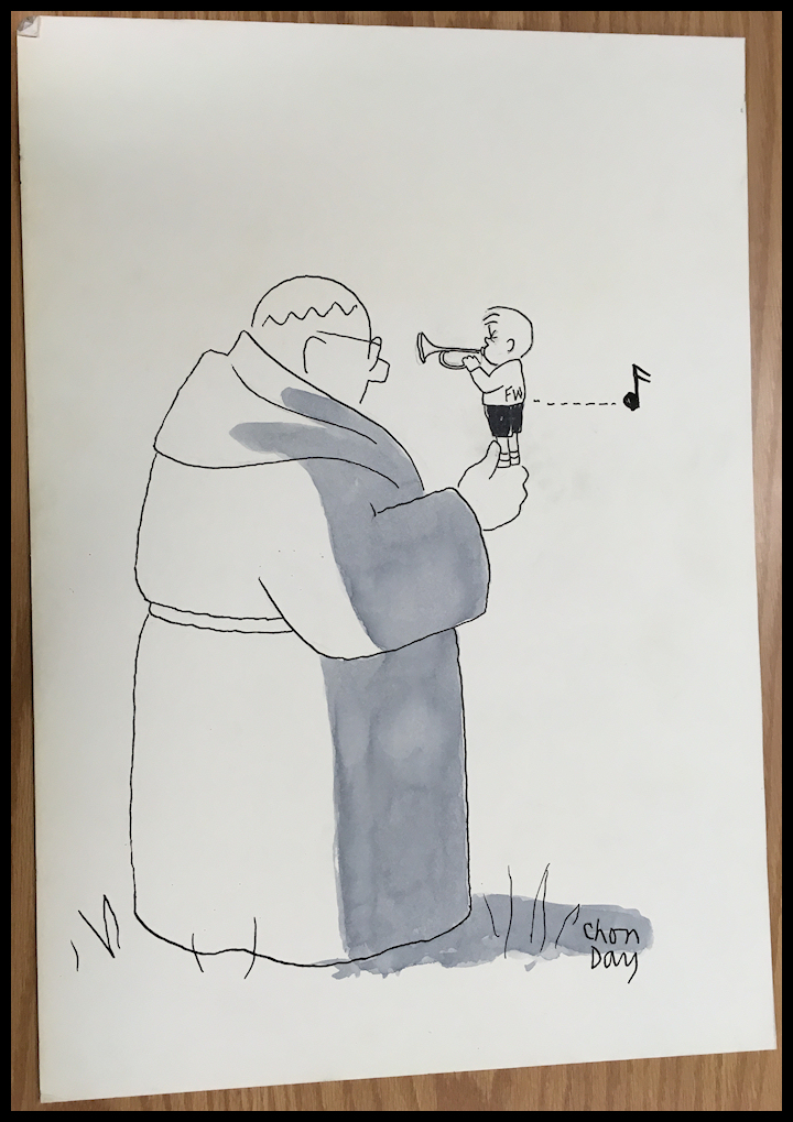 black and
                white drawing: bugle-tooting child in FW shirt stands on
                outheld finger of a Franciscan monk tooting in his face