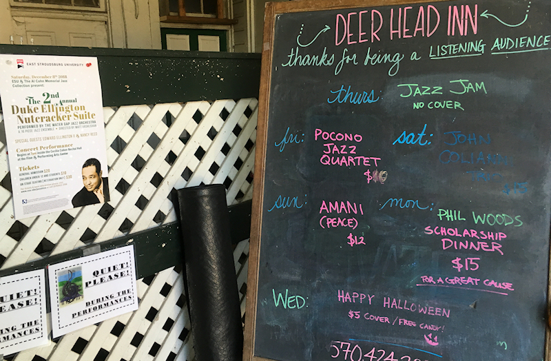 chalk and bulletin
              boards post notices of upcoming jazz events