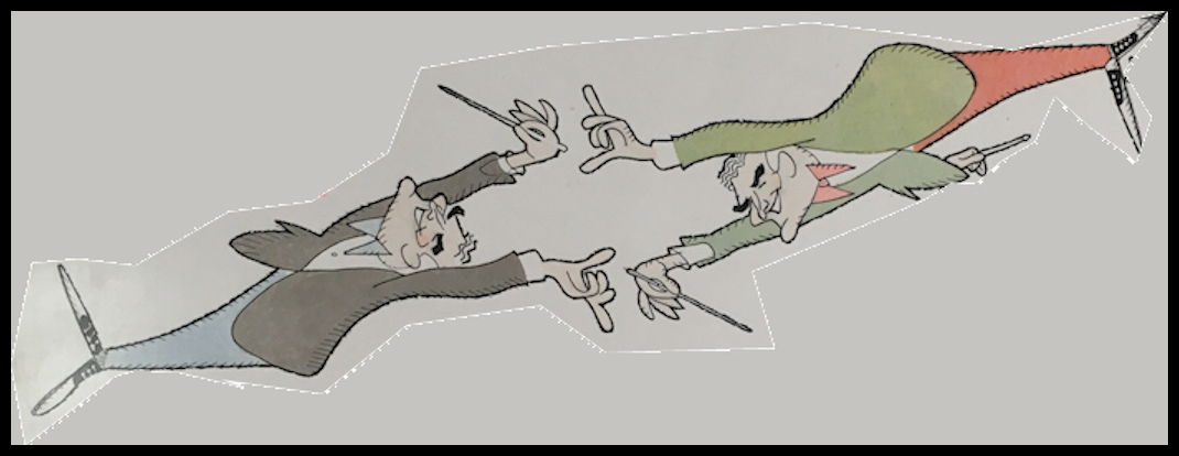 portion of a color cartoon by Harry Devlin
              showing Fred Waring conducting