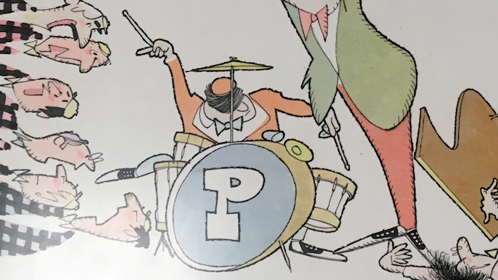 portion of a
              color cartoon by Harry Devlin showing the Waring and
              Pennsylvanians' drummer and parts of other musicians