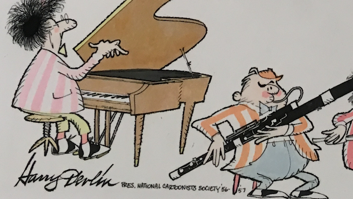 portion of a color cartoon by Harry Devlin showing
              the pianist and bassoonist of Fred Waring's
              Pennsylvanians