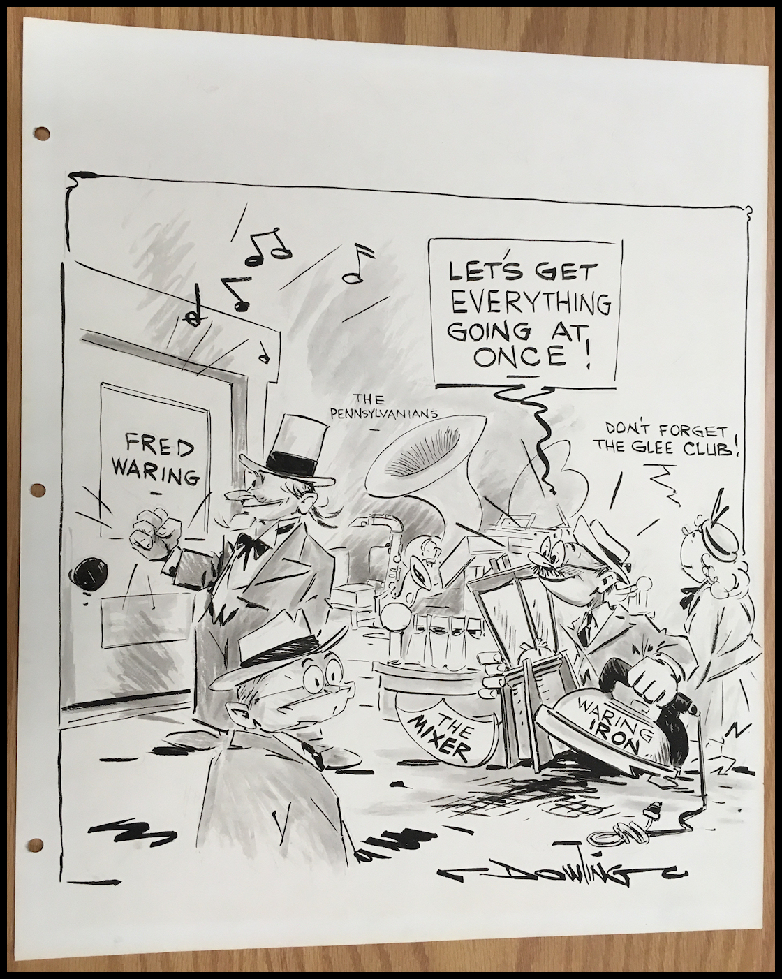 blsck and white
              cartoon drawing: a few Waring people talk themselves into
              'getting everything going at once', chorus, band, blendor
              and iron