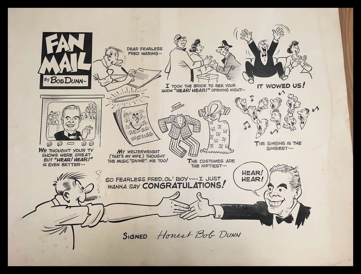 cartoon story by Bob Dunn about
                  his going to Fred's 'Hear Hear' show on Broadway