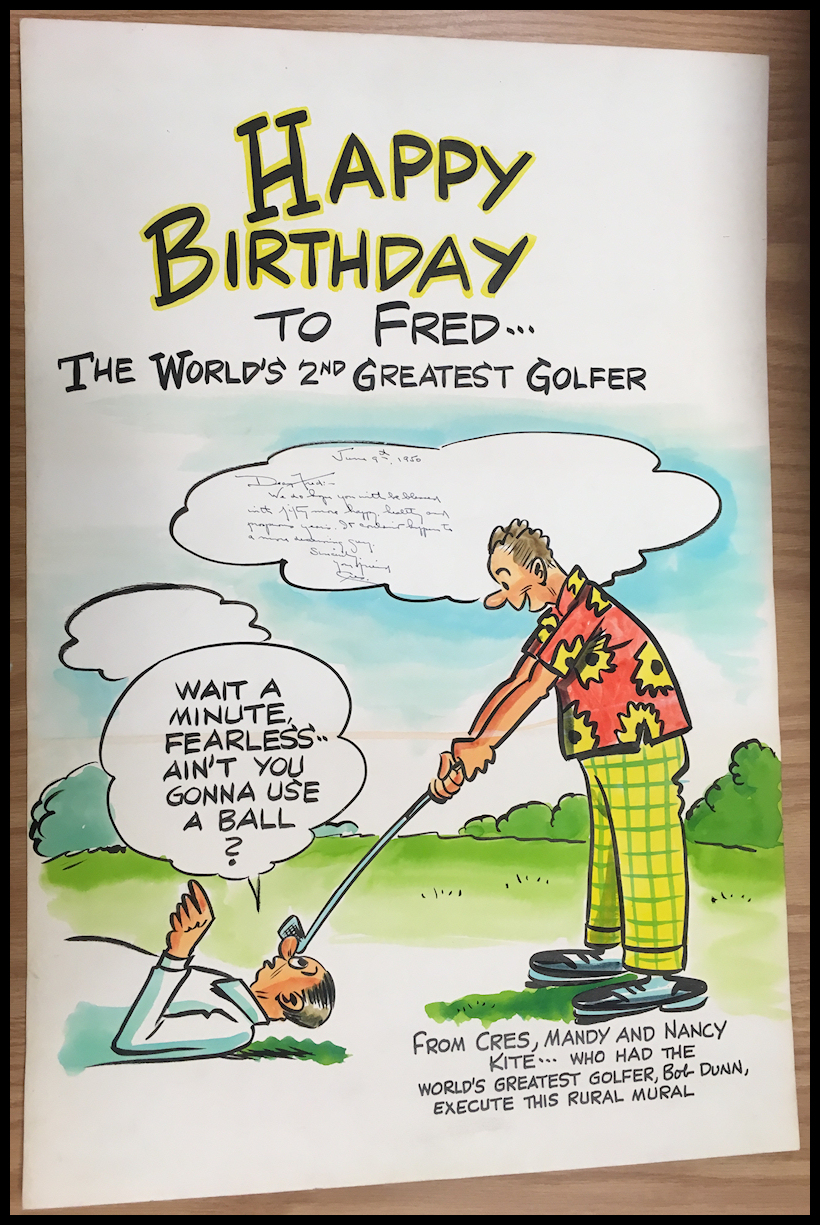 color
                cartoon by Bob Dunn of Fred Waring chipping a golf ball
                off a supine opponent's nose