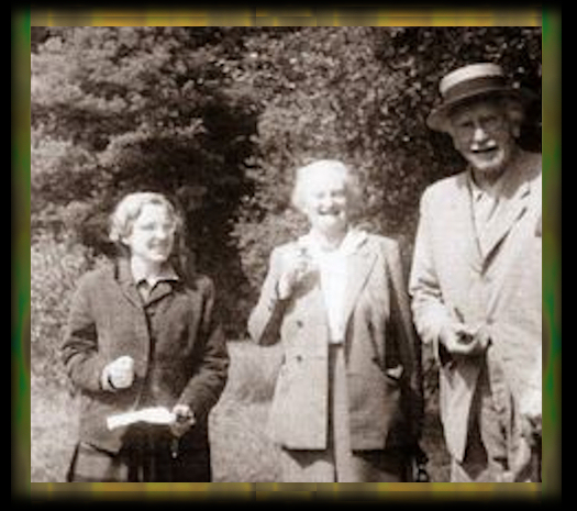 Marie-Louise
                von Franz and Barbara Hannah with their hero Carl Jung,
                black and white photo, probably late 50s
