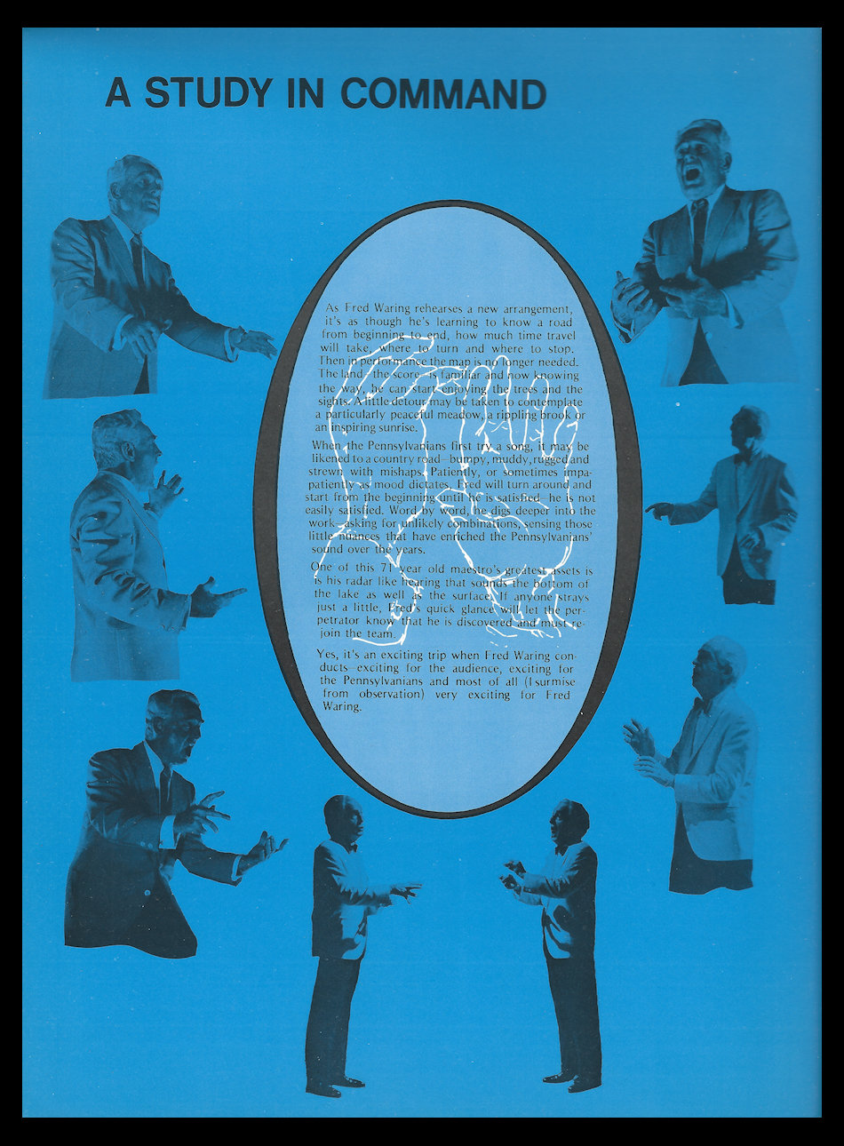 black and whites on
              blue background: multiple poses of Fred Waring conducting
              with dramatically expressive hands