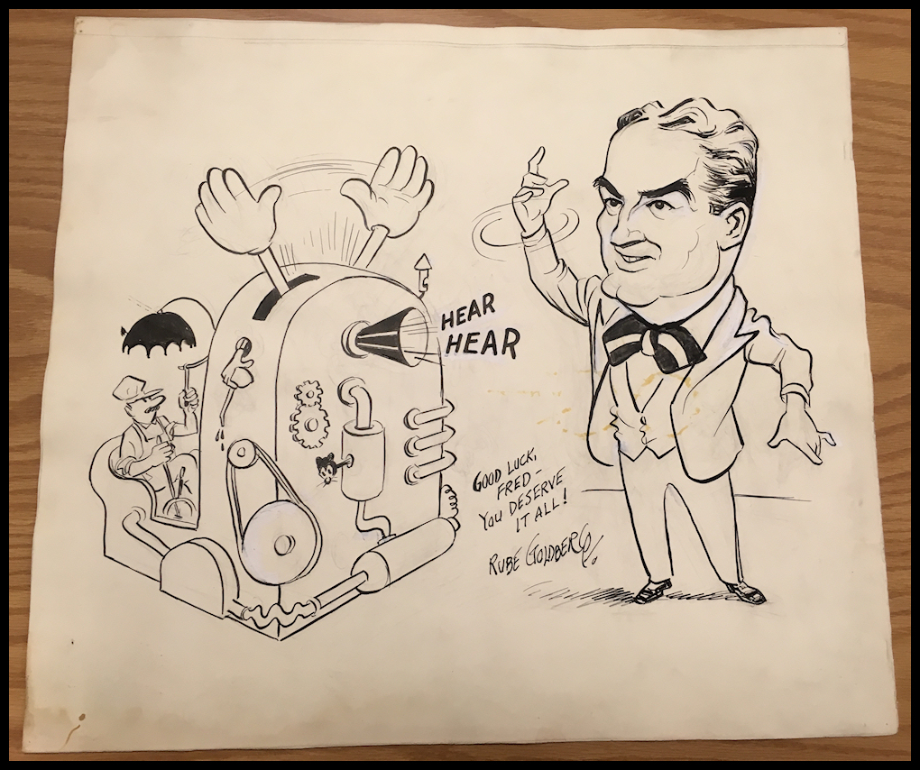 Rube Goldberg's black
              and white drawing of a mind-boggling machine that creates
              clapping noise