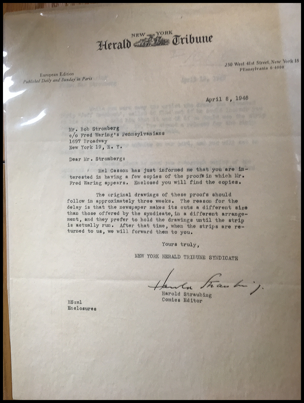 letter from Herald Tribune to
            Fred Waring explaining that the Mel Casson cartoon proofs
            which Fred requested (about himself) will be sent shortly