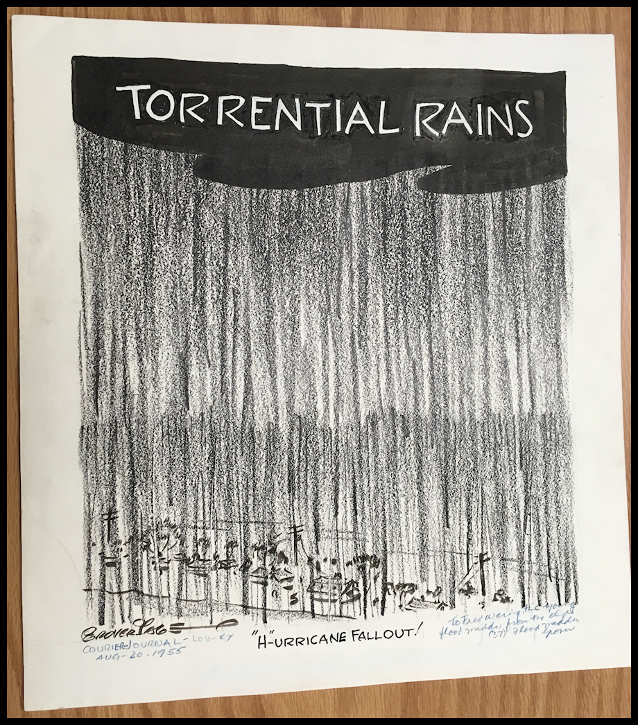 black and white chalk drawing of huge sky of heavy
              rain falling on a row of tiny houses