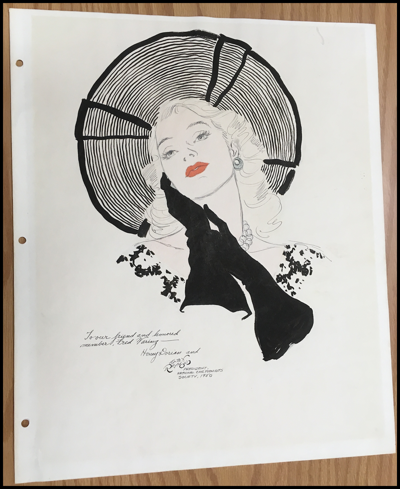 Alex Raymond's
              art-deco-style depiction of a lovely woman in big hat,
              black and white except rouge lipstick