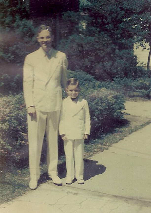 mj age 6 with his Daddy, Rev Lorenzo, both in white
              suits and shoes