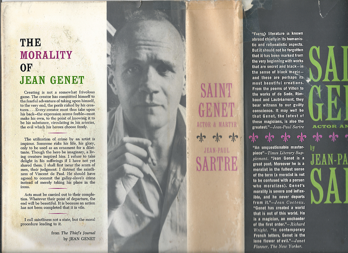 paper cover of a hardback book,
            damaged, showing quotes from Genet's "Thief's
            Journal," from Sartre about Genet, and from reviews of
            Sartre's book, "Saint Genet"