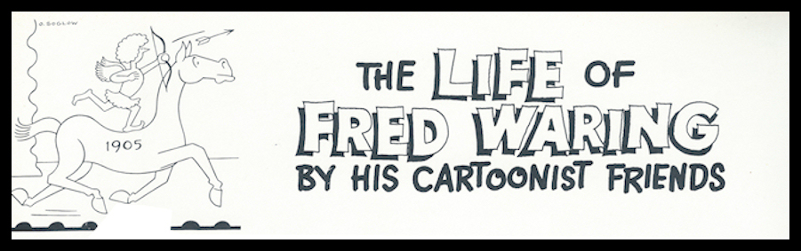 cartoon by Soglow: cupid stands one foot atop
              back of horse shooting an arrow from his bow (black and
              white line drawing)