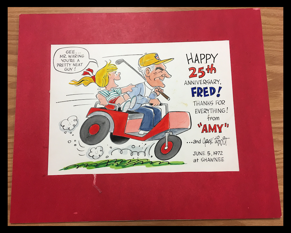 Tippit color cartoon: Fred bouncing wildly in a red
              golfcart with little Amy from Tippit's cartoon strip