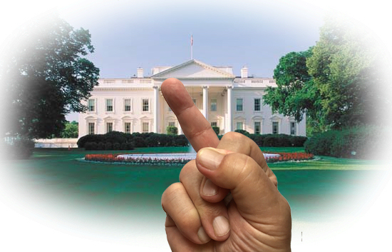 foreground very
              clear finger, background White House