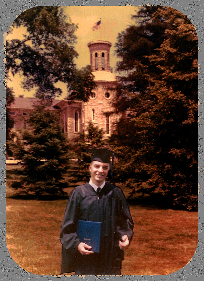 mj in black cap and gown in
              front of college-hall-type tower