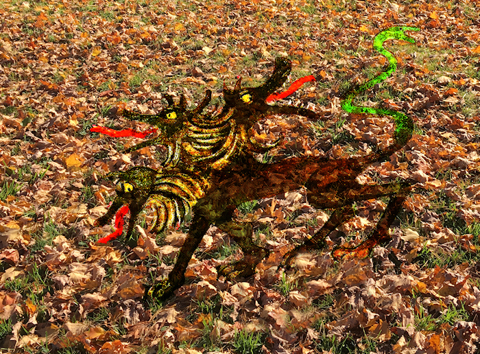 fantasy 3-headed Cerberus (dog) on a lawn of
              leaves