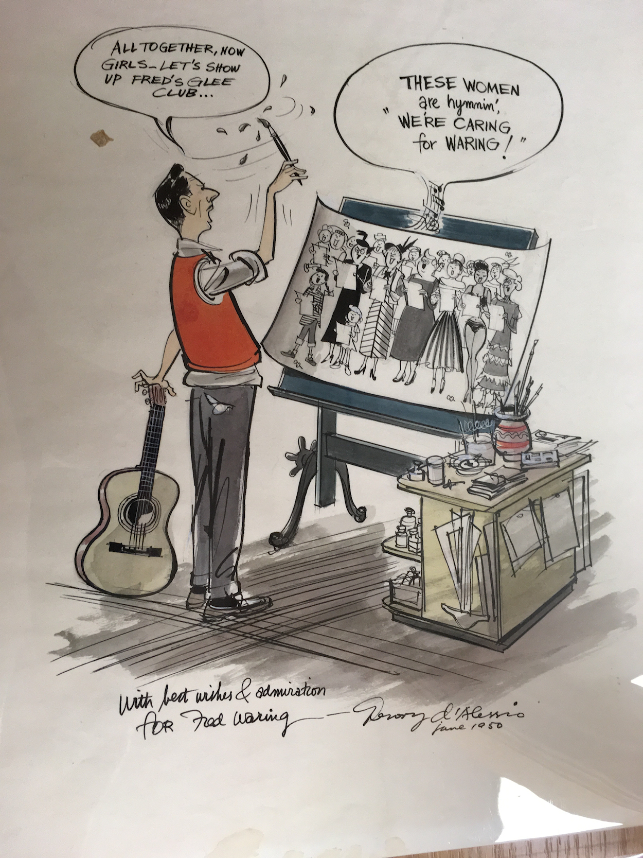 amazingly clever cartoon of the
                  cartoonist himself d'Alessio painting Fred's chorus
                  then conducting them as if he were Fred Waring