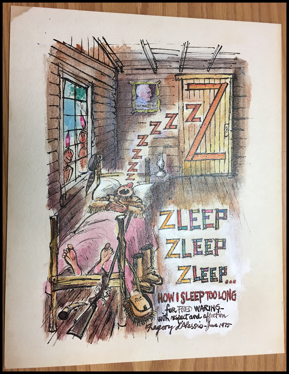 trapper
            sleeping in log cabin watched by portrait of Waring on wall
            and 2 grinning Indians outside the window