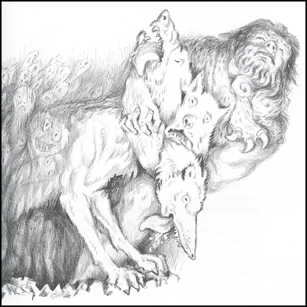 Hercules choke-holds all three necks
              of Cerberus, black and white drawing from d'Aulaire