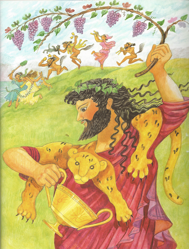 color drawing of Greek god Dionysus with
              dancing Maenads and Satyrs
