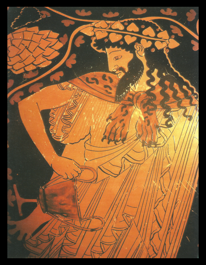 ancient Greek
                vase in orange and black depicts the god Dionysus
                dancing with wine cup