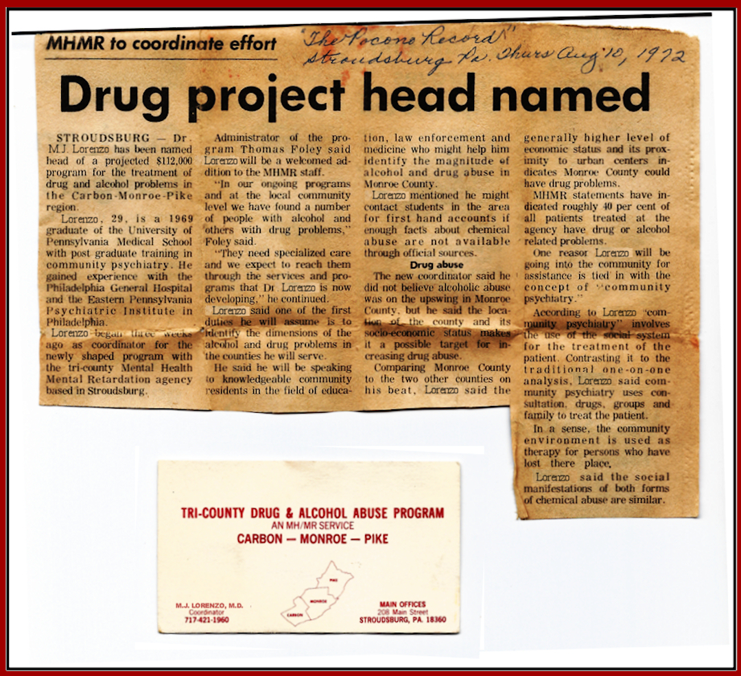 Stroudsburg
            newspaper and calling card advertise Dr. Lorenzo as
            coordinator of new Drug and Alcohol Program