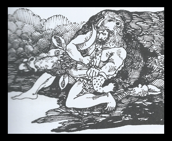 black and white line
                  drawing of Hercules in his lionskin hood and cape
                  wrestling the Cretan Bull into submission