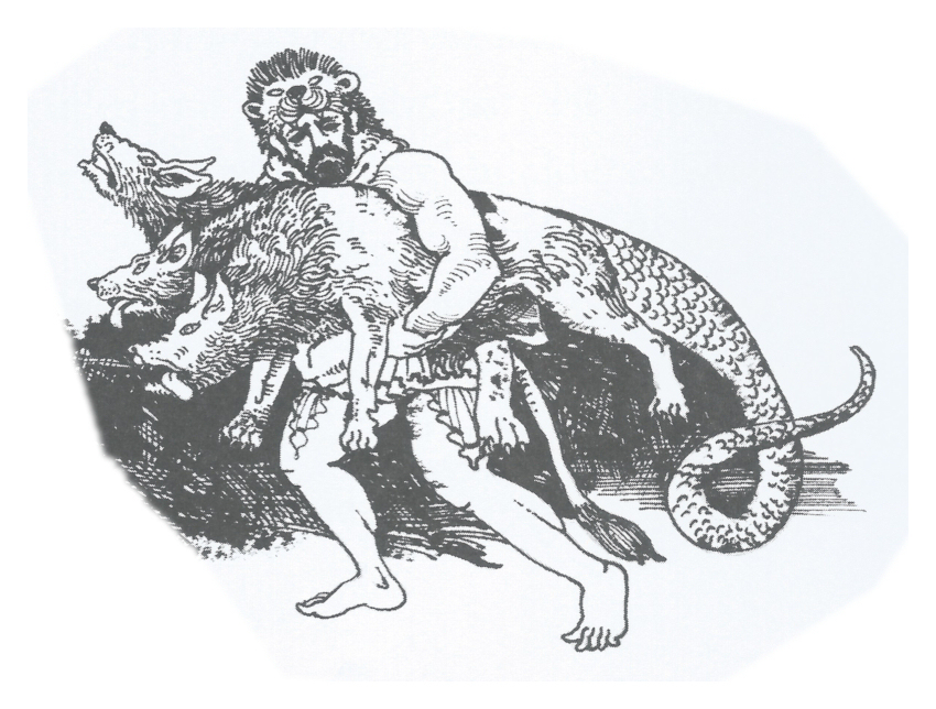 blacck and
              white line drawing of Greek hero Hercules in a lion skin
              wrestling a 3-headed dog into submission