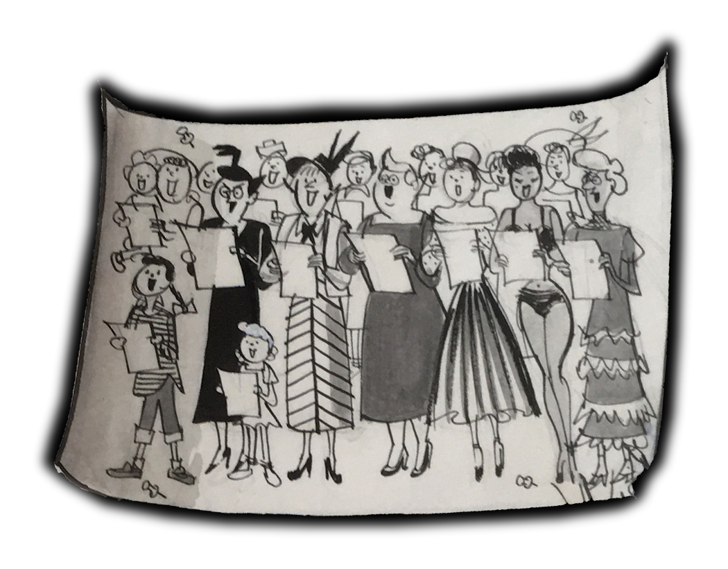 detail of a cartoon by d'Alessio showing a choir of
              ladies and girls about to compete with the Pennsylvanians