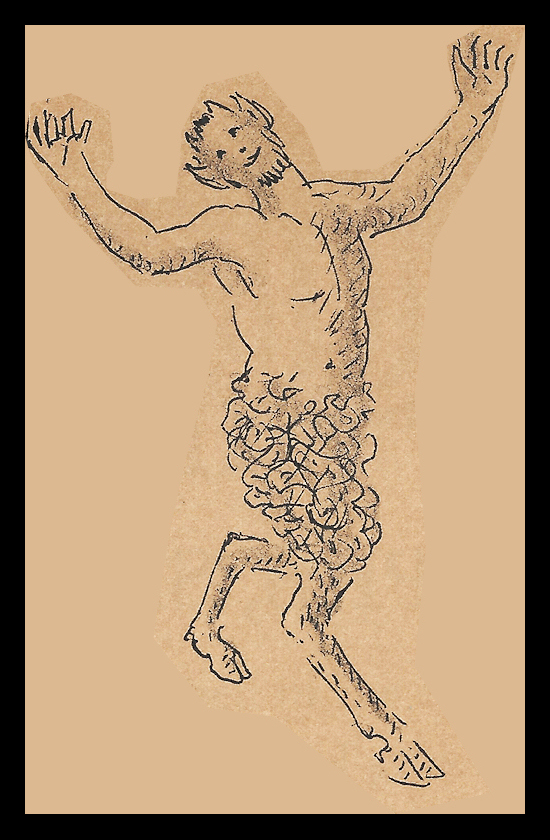 drawing of a satyr: goat ears, horns, goatee and goat
              hind parts on a man's body is a satyr, here dancing
              ecstatically