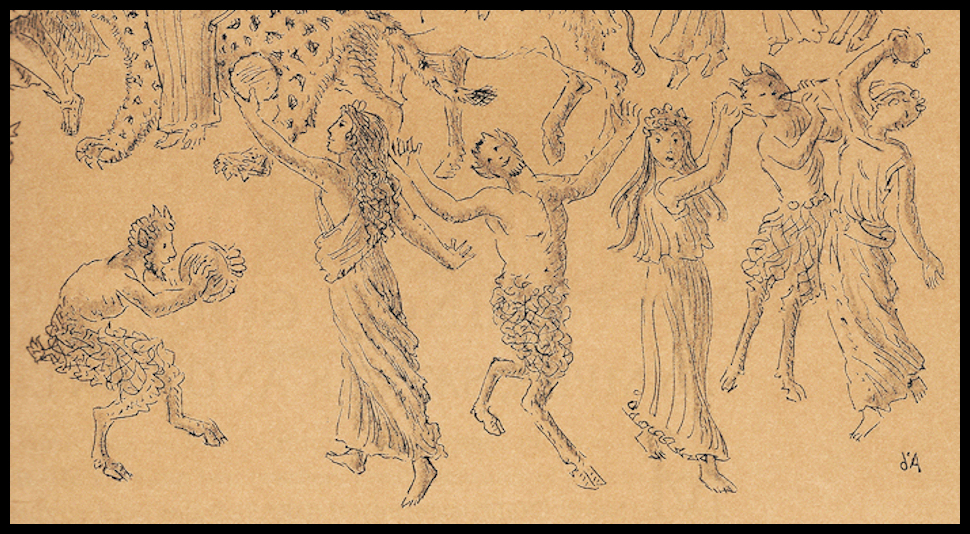 a scene of abandoned revelry from Ancient
              Greek mythology, Satyrs and Maenads singing, playing
              instruments and dancing