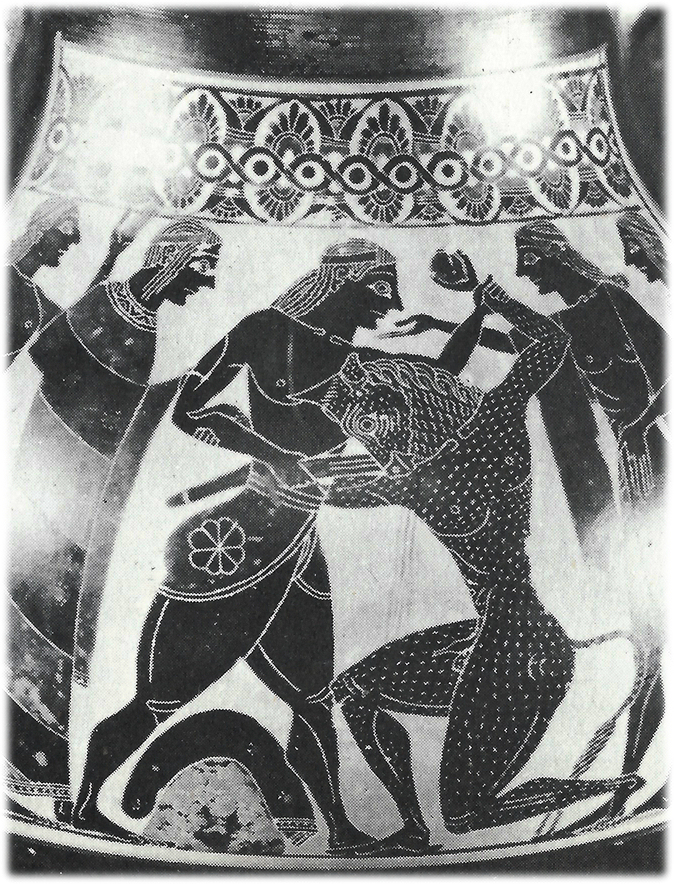 black and white photo of a portion of
              an ancient Greek vase showing Theseus slaying the Minotaur
              with a short sword