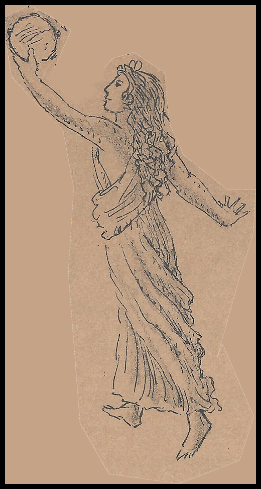 drawing of a maenad with tambourine, from
              D'Aulaire's Book of Greek Myths