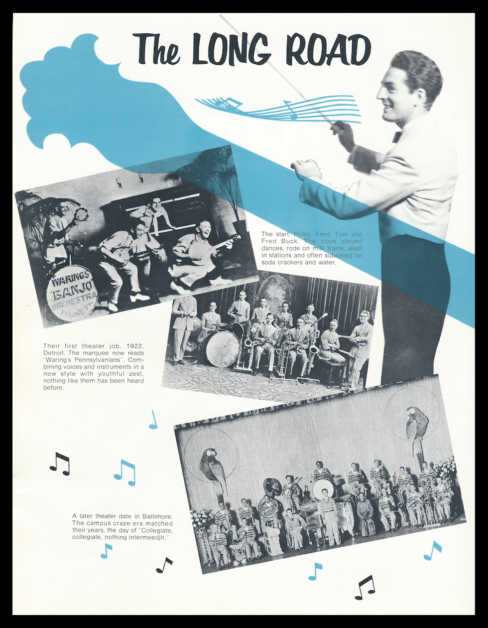 three black
                and white photos show the band's progress from 2 banjos
                with drums and piano to a Big Band for college balls,
                Fred Waring leading it all